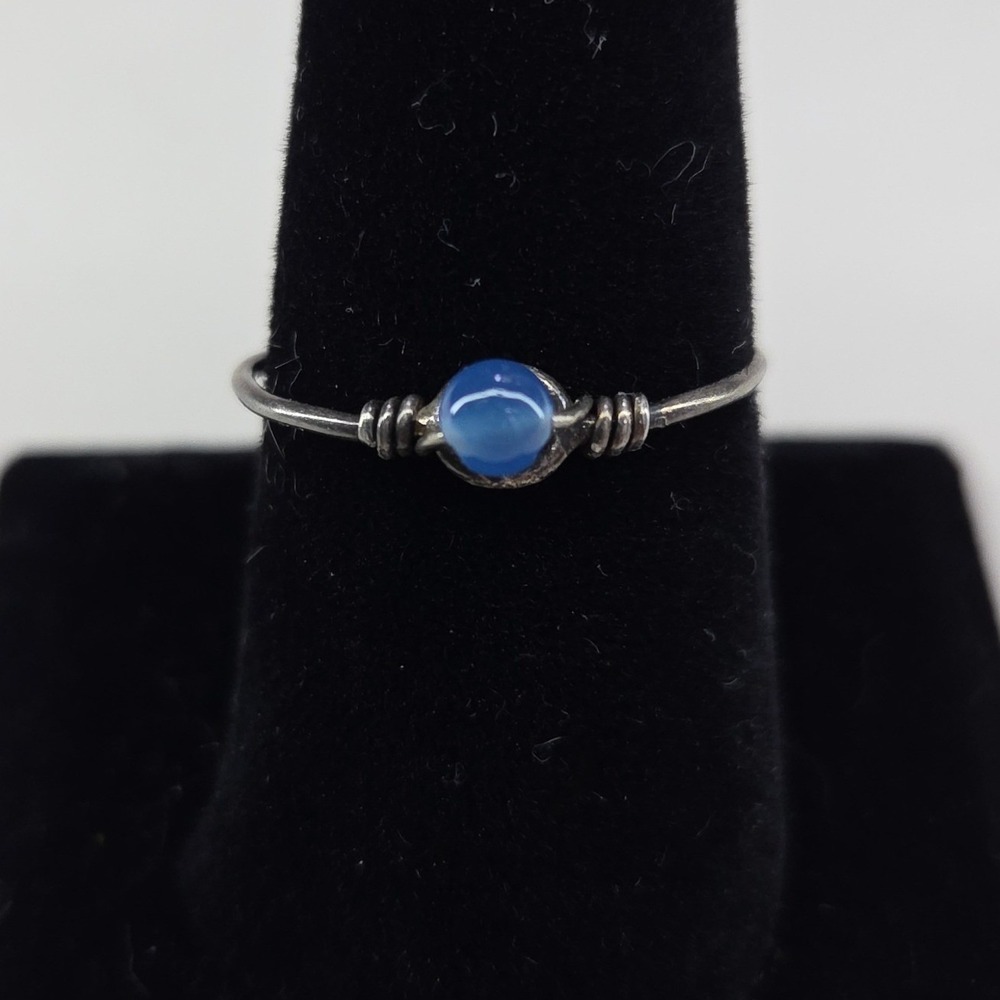 Handmade Silver Tone Blue Bead Wire Wrapped Ring Size 9 Boho Dainty